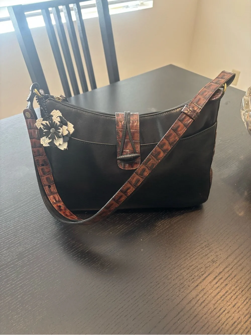 Black Leather Crossbody Bag with Brown Croc-Embossed Strap with Rooster charm